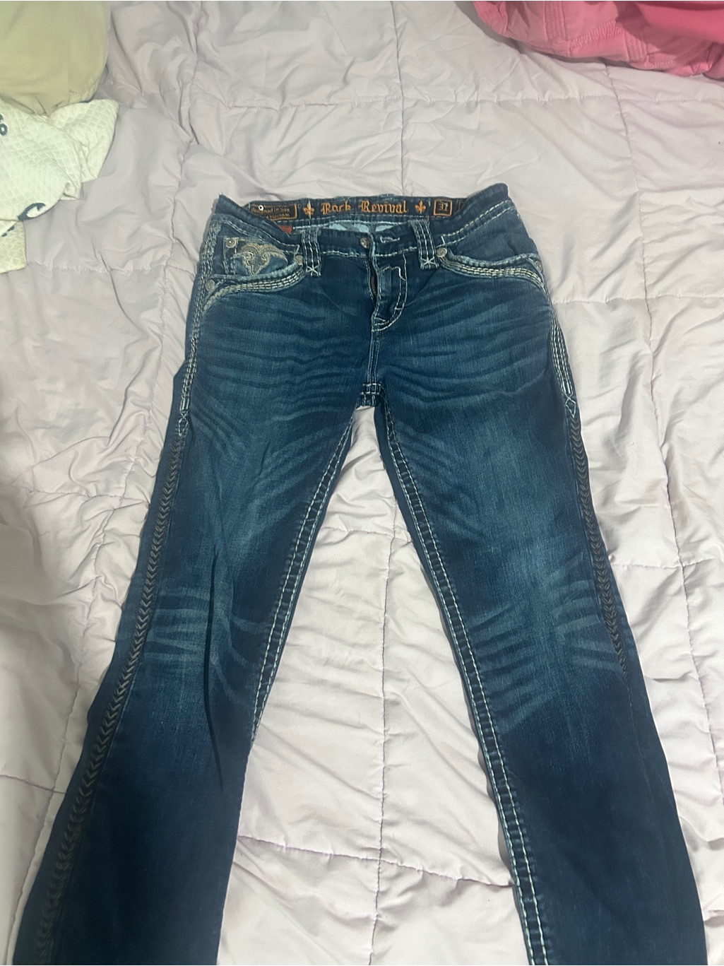 Set Of 3 Rock Revival Navy Flare Jeans With White Contrast Stitching